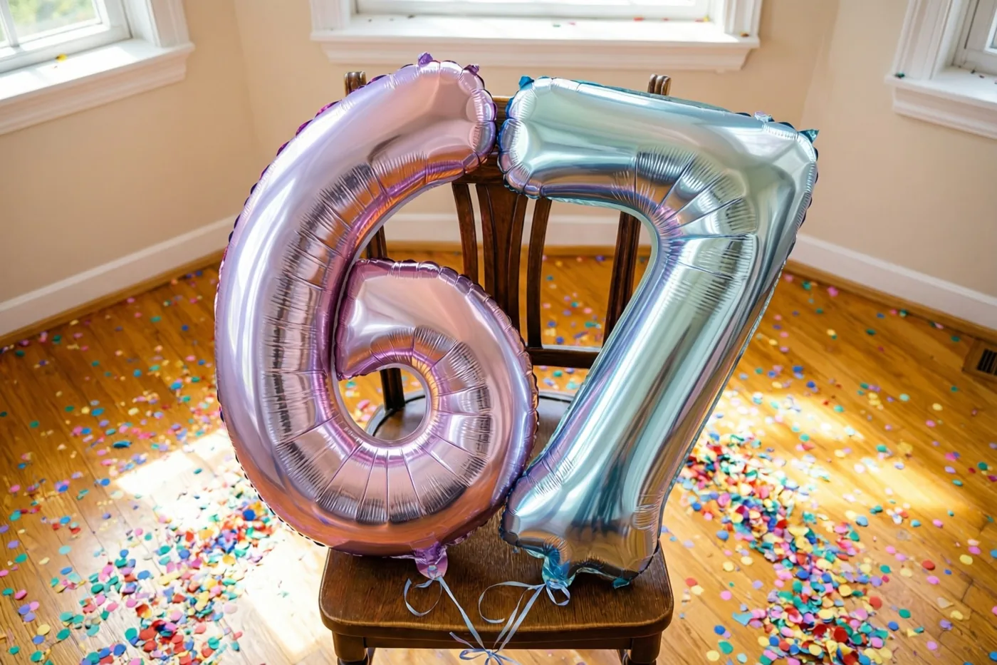 Grote folieballonnen in de vorm van 6 en 7 in pastellila en zilver hangen aan een houten stoel in een lichte kamer met confetti op de houten vloer.