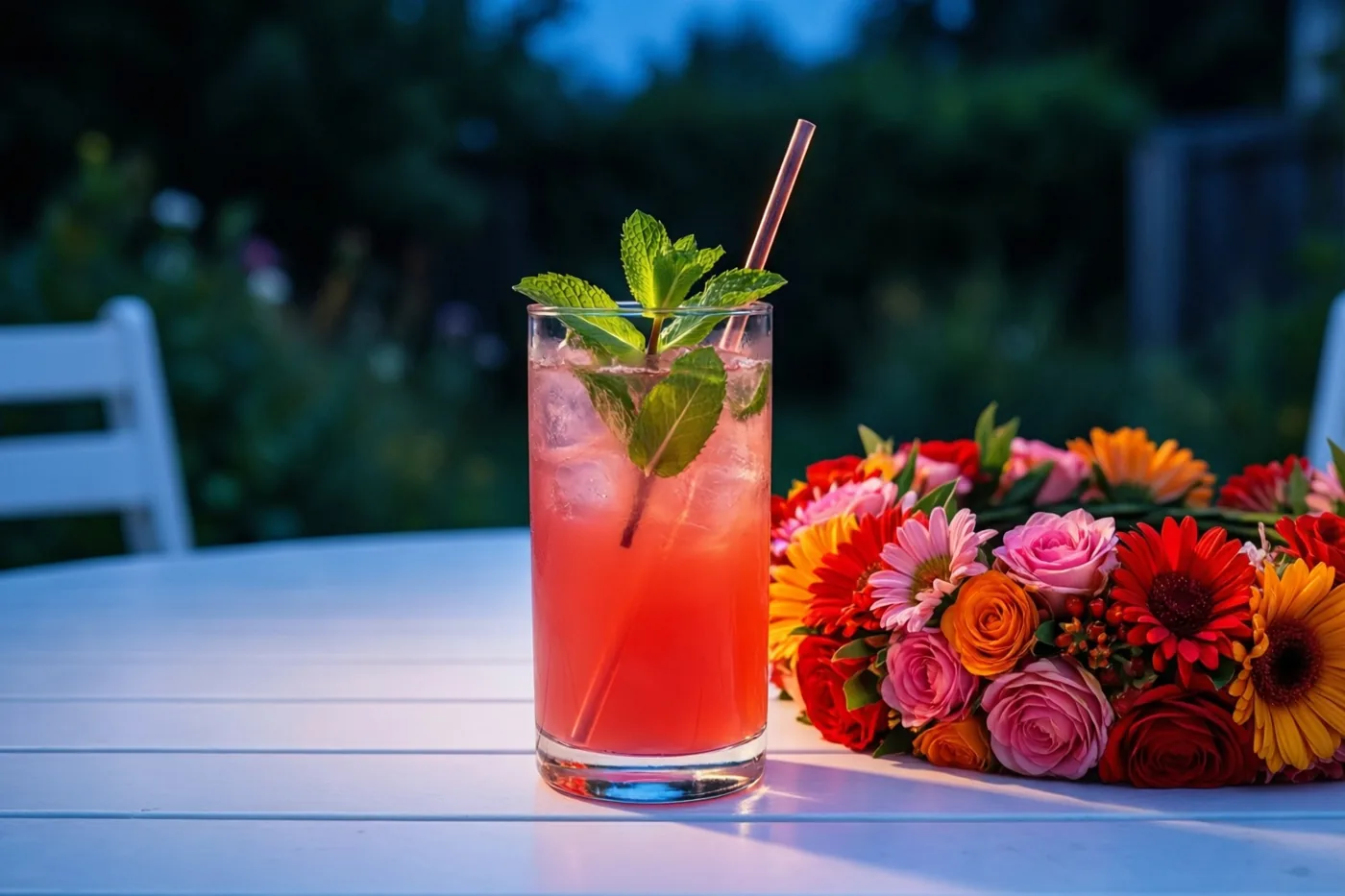 Een hoog glas roze limonade met ijs en verse munt staat naast een kleurrijk boeket op een witte houten tafel in een tuin bij schemerlicht.