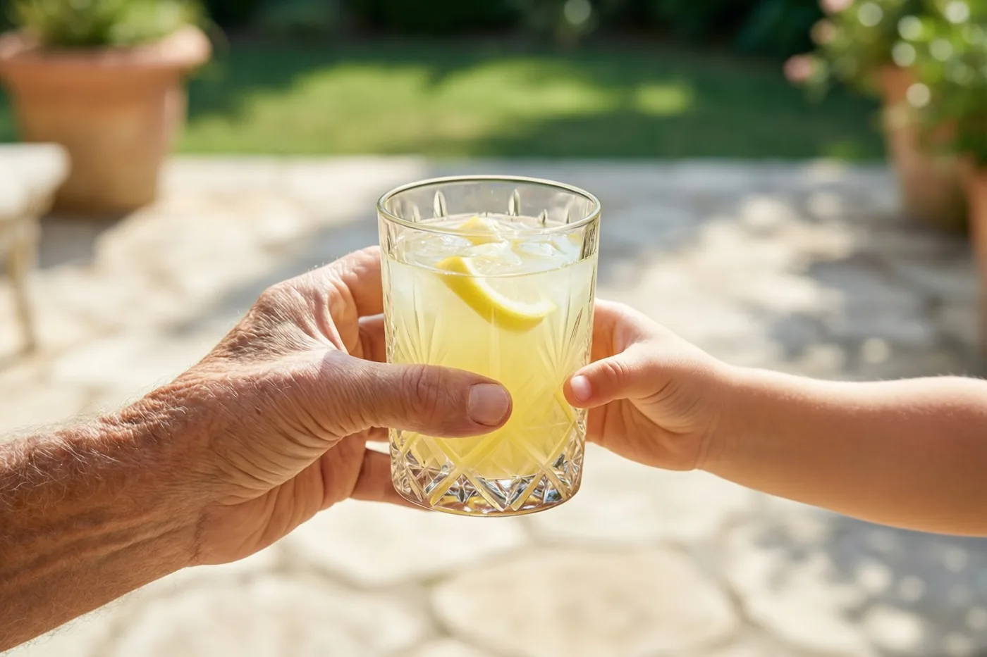 Een oudere hand en een kinderhand houden samen een kristallen glas limonade met ijs en een schijfje citroen vast op een zonnig stenen terras.