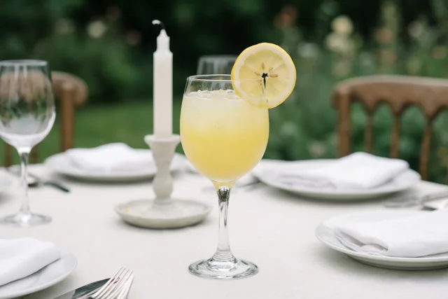 Een glas limonade met een schijfje citroen staat tussen gedekte plaatsen op een witte tuintafel met een witte communiekaars in een kandelaar, tegen een groene achtergrond.