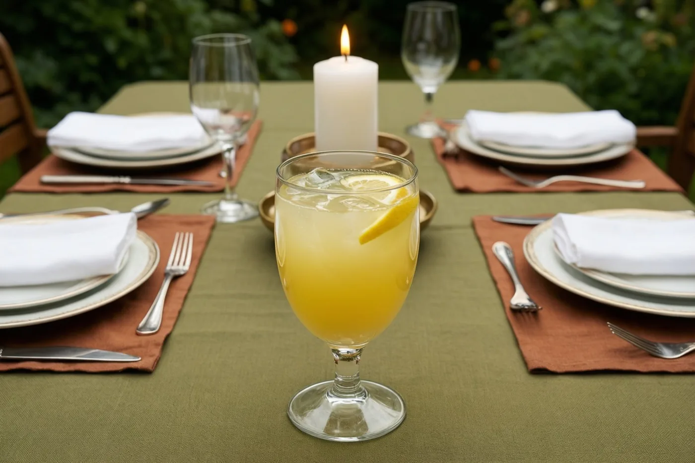 Op een groene tuintafel die voor vier is gedekt, staat limonade met ijs en een schijfje citroen naast witte borden, gevouwen servetten, bestek en een brandende witte communiekaars.