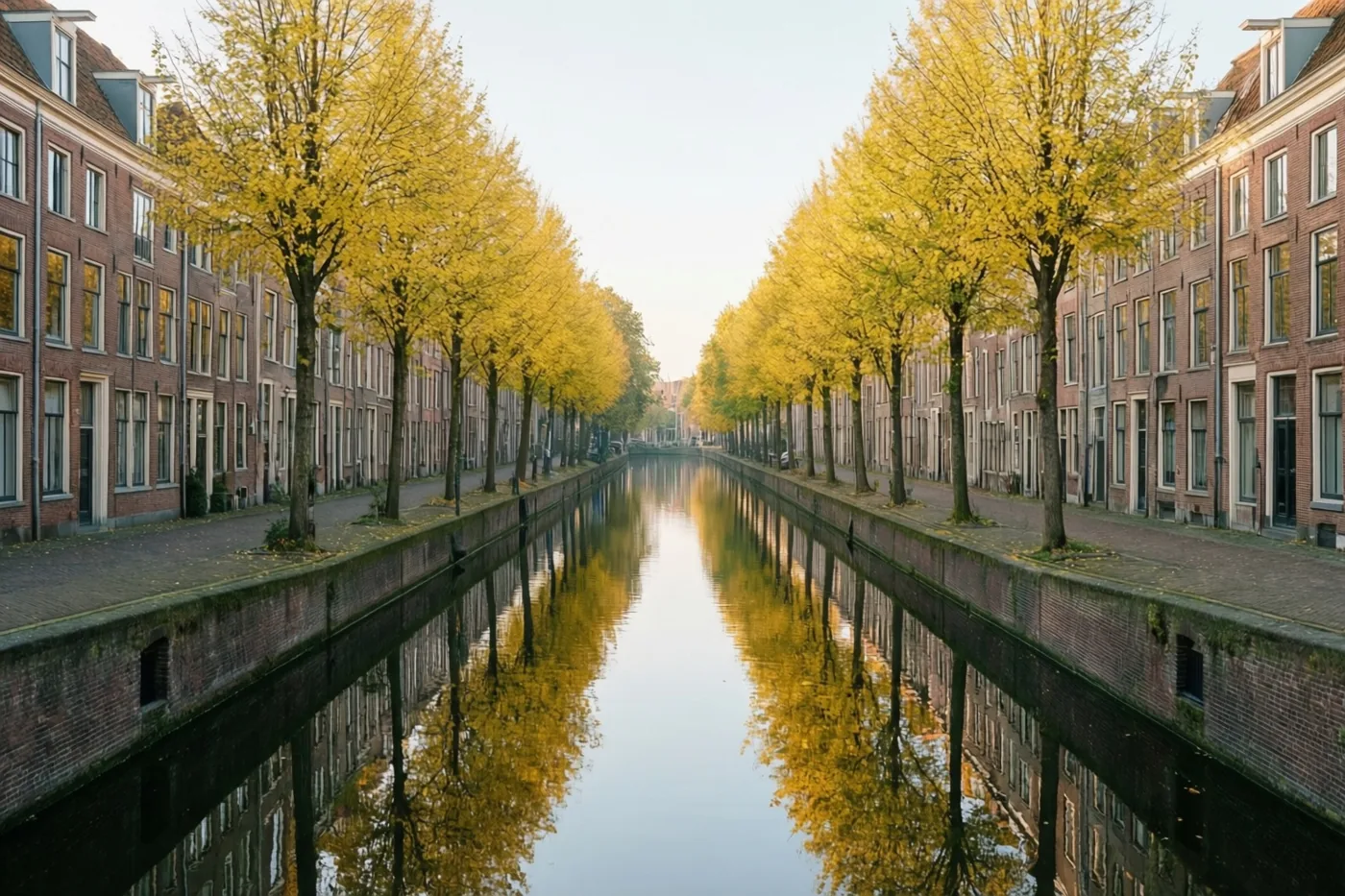 Gouden lindebomen en oude bakstenen gebouwen aan weerszijden van een kanaal weerspiegelen scherp in het stille water onder zacht ochtendlicht.