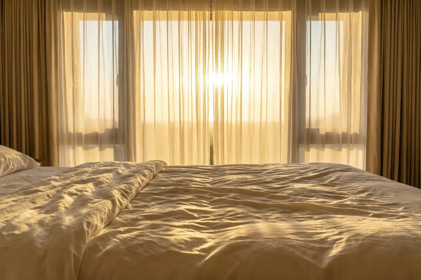 Een bed met verkreukelde witte linnen lakens staat in een slaapkamer in beige- en goudtinten, waar gouden ochtendlicht door doorschijnende gordijnen valt.