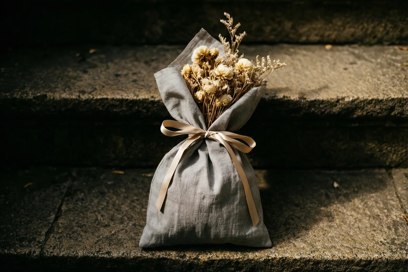 Een grijs linnen geschenkzakje met een boeketje droogbloemen tussen het lint staat op een stenen trede in warm zonlicht.