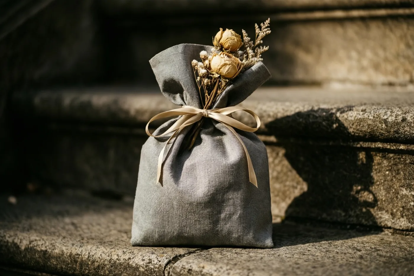 Een grijs linnen geschenkzakje met droogbloemen tussen een beige lint staat op een verweerde stenen trede in warm natuurlijk zonlicht.