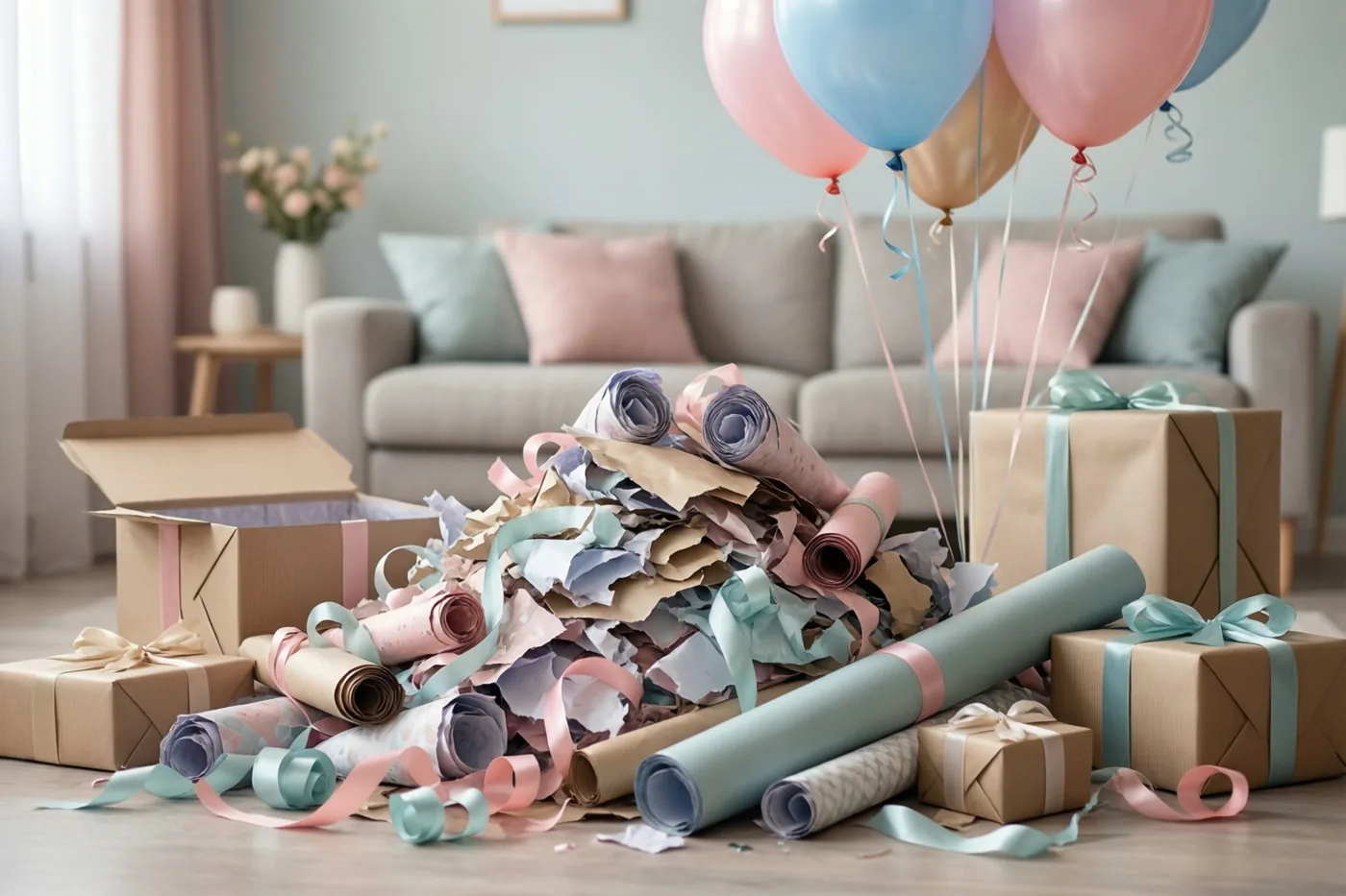 Gescheurd en opgerold inpakpapier, linten en open cadeaudozen liggen op een woonkamervloer onder kleurrijke ballonnen, met een zitbank op de achtergrond.