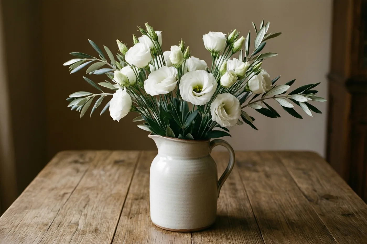 Een keramieken kan met witte lisianthus en grijze olijfbladeren staat op een rustieke houten tafel in zacht licht.