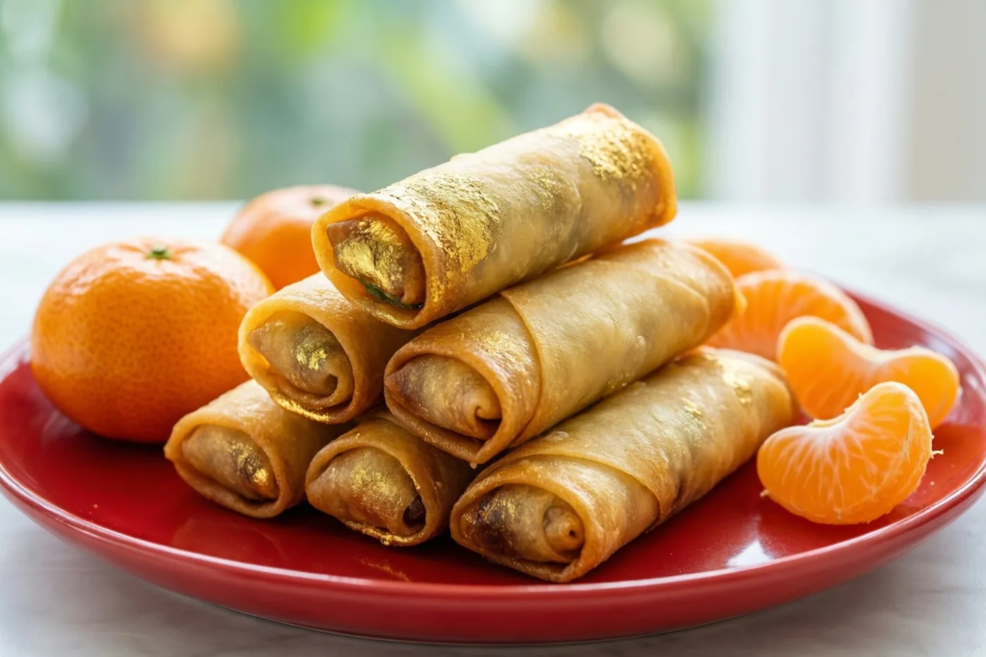 Een stapel gouden loempia's ligt op een rood bord naast hele en gepelde mandarijnen, tegen een lichte, onscherpe groene en witte achtergrond.