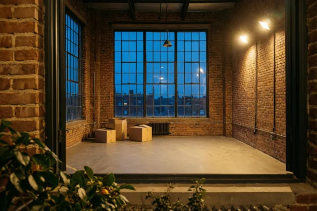 In een lege loft met bakstenen muren, hoge ramen met stalen kozijnen en enkele verhuisdozen brandt warm kunstlicht tegen de blauwe schemering buiten.