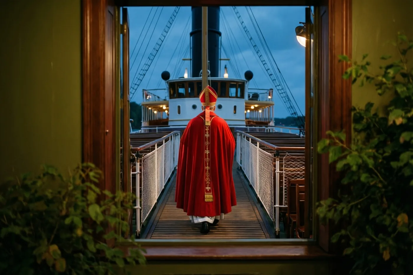 Door een open deuropening is van achteren een figuur in een rode bisschopsmantel en mijter te zien die bij schemering de loopplank van een stoomboot afloopt, met een blauwe hemel en warm licht van binnen.