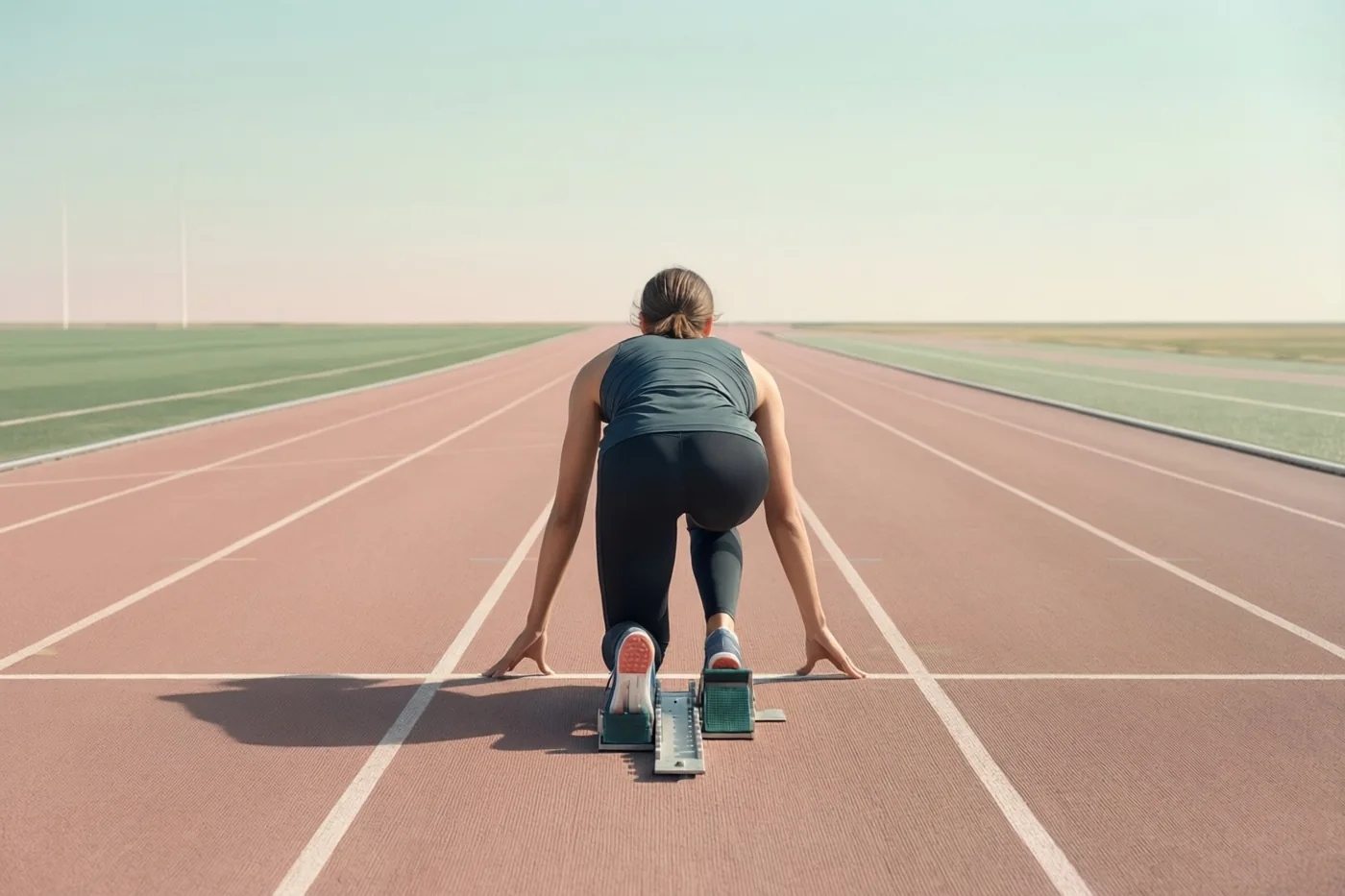 Een vrouwelijke loper staat van achteren gezien in starthouding op een rode atletiekpiste met groene grasvelden aan weerszijden onder een bleke lucht.