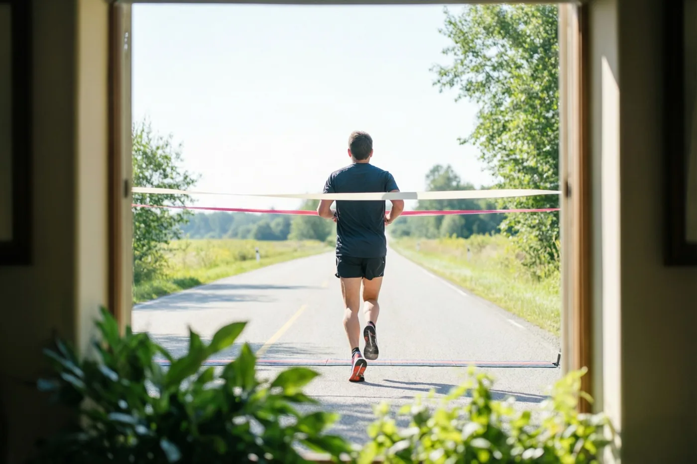 Door een raam met groen op de voorgrond is een loper van achteren te zien die op een open weg door een finishlint loopt, in helder zonlicht.