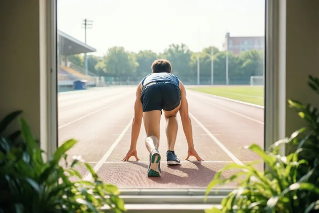 Door een raam met groene planten op de voorgrond is een loper van achteren in starthouding te zien op een lege buitenpiste onder een heldere lucht, met bomen in de verte.