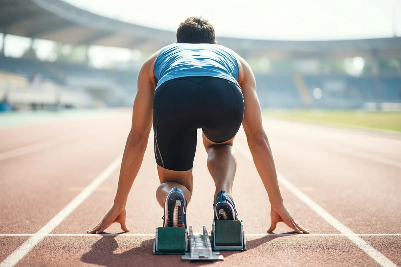 Een mannelijke loper met een blauw bovenstuk en zwarte short zit van achteren gezien in starthouding op een rode atletiekpiste voor lege tribunes.