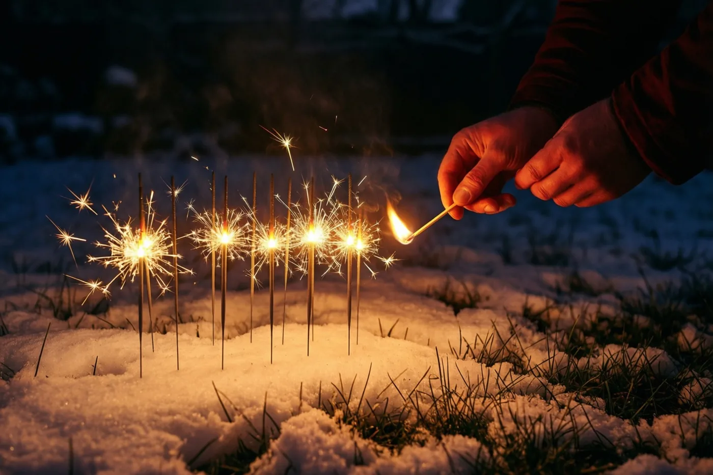 Een hand strijkt een lucifer aan om sterretjes in de sneeuw in een nachtelijke tuin aan te steken, in warm goudkleurig licht tegen een donkerblauwe achtergrond.