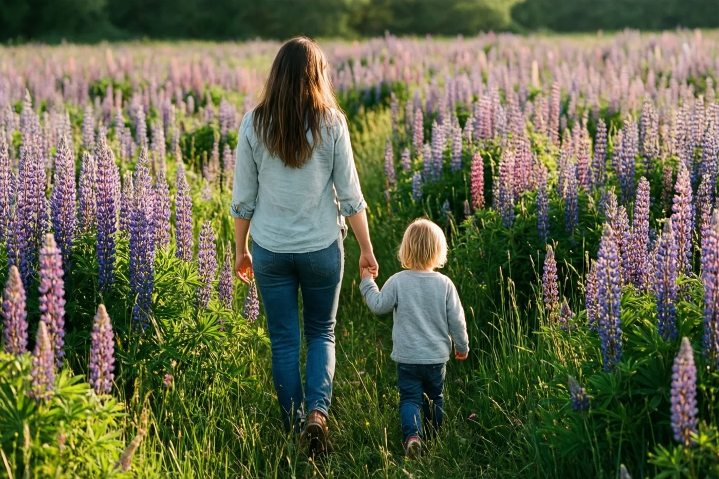 Een moeder en een klein kind wandelen van op de rug gezien hand in hand tussen hoge paarse lupinen in warm, goudkleurig zonlicht.