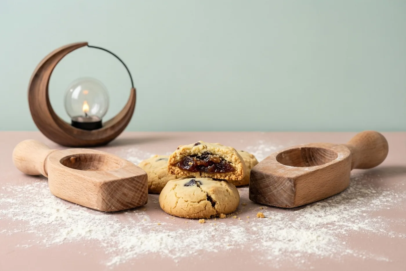 Houten maamoulvormen liggen naast versgebakken dadelkoekjes op een oppervlak met bloem, met een maansikkellantaarn met een brandende lamp tegen een zachte pastelkleurige achtergrond.