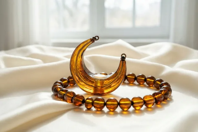 Een amberkleurige lantaarn in de vorm van een maansikkel en een snoer amberkleurige gebedskralen liggen op een crèmekleurige zijden doek, met zacht licht van een raam op de achtergrond.