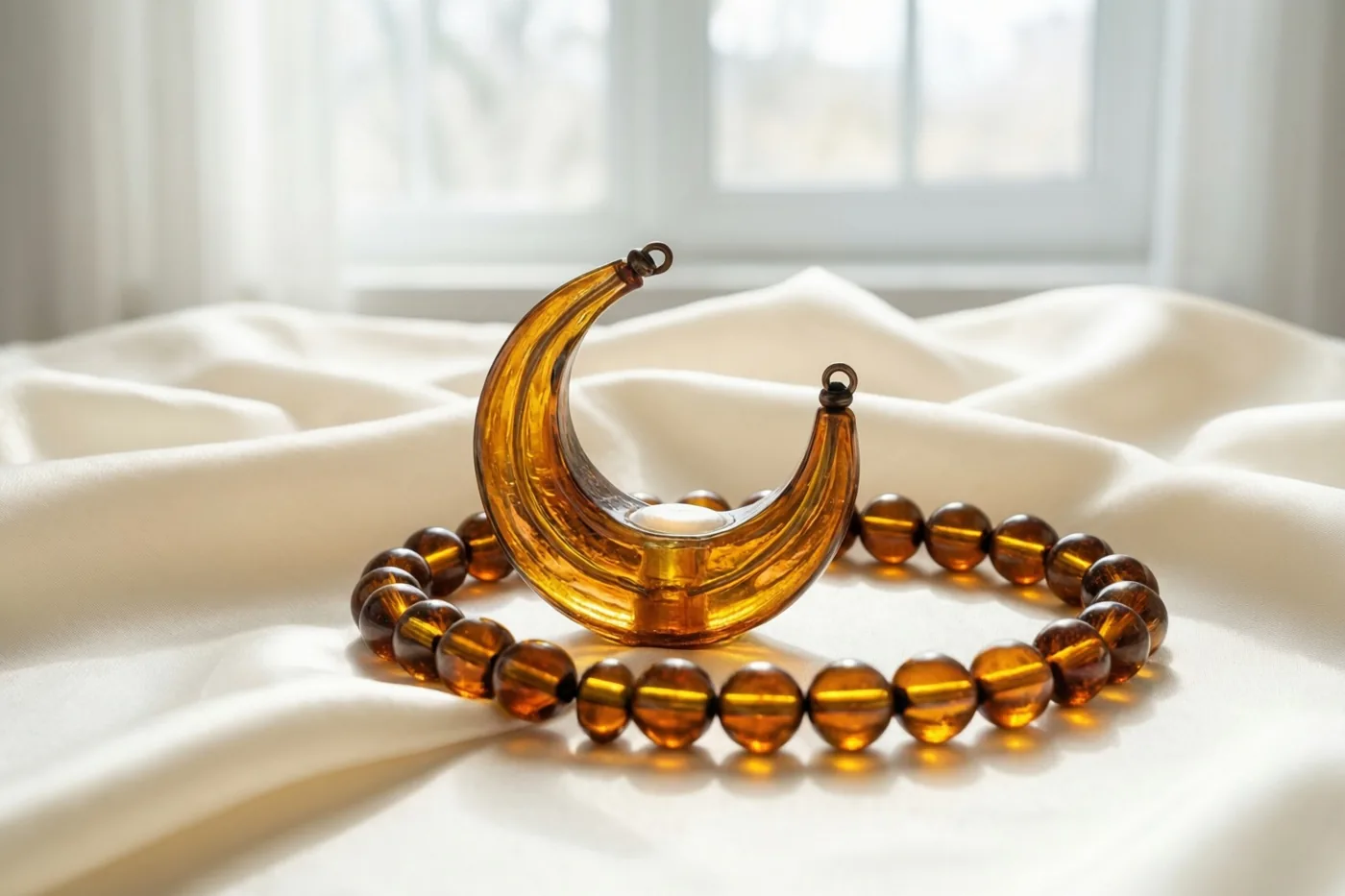 Een amberkleurige lantaarn in de vorm van een maansikkel en een snoer amberkleurige gebedskralen liggen op een crèmekleurige zijden doek, met zacht licht van een raam op de achtergrond.