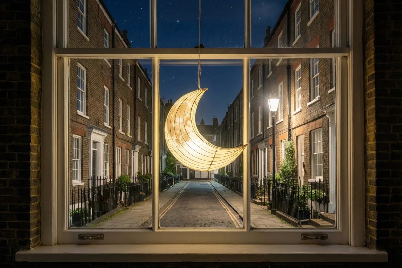Een brandende maansikkellantaarn hangt midden in een raam met uitzicht op een smalle straat met bakstenen rijhuizen, een straatlamp en een sterrenhemel.