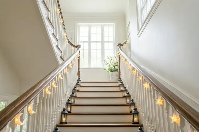 Een elegante trap met houten leuningen is versierd met lichtgevende maan- en sterlantaarns, in een lichte ruimte met witte muren en daglicht door de ramen.