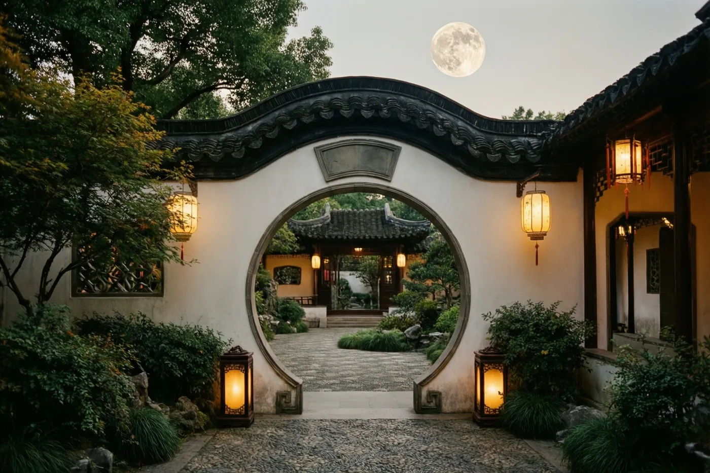 Een maanpoort in een klassieke Chinese tuin staat tussen brandende lantaarns en weelderig groen onder een volle maan bij schemering.