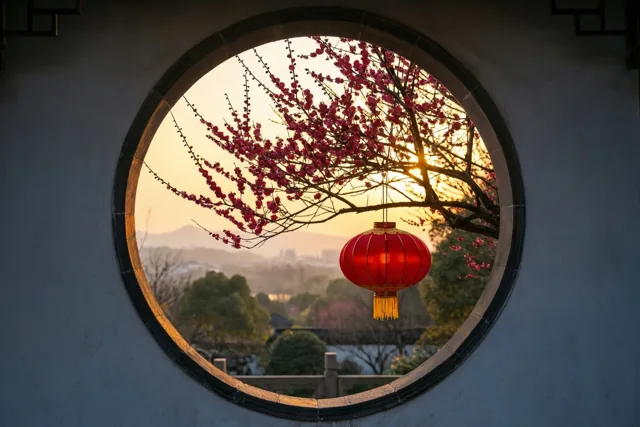 Een rond raam omlijst roze pruimenbloesem en een hangende rode lantaarn tegen een schemerlucht in een traditionele Chinese tuin, met heuvels en bomen in de verte.