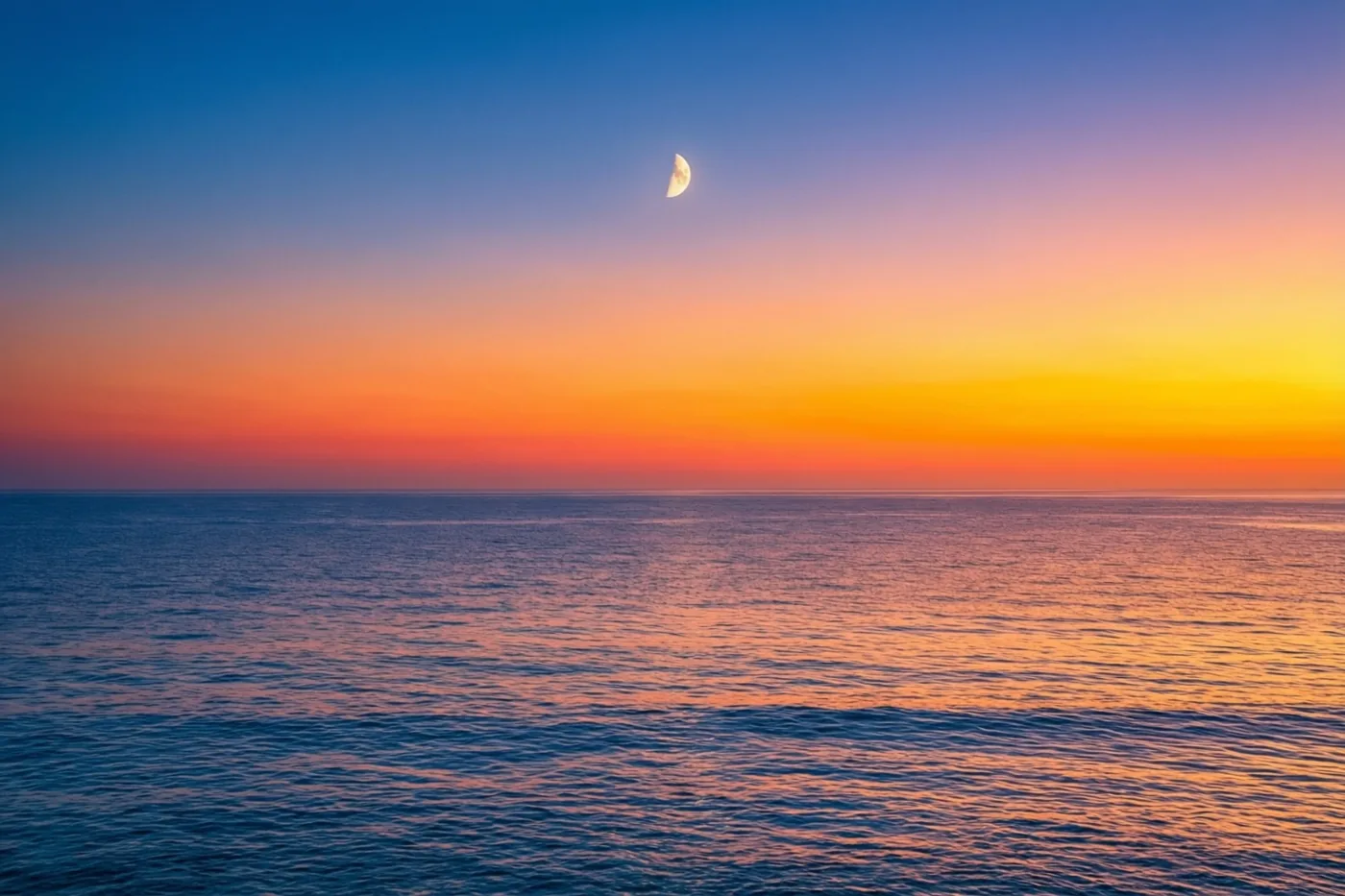 Een maansikkel staat boven een kalme zee bij zonsopgang, met diepblauwe, oranje en gele lucht die in het water weerspiegelt.