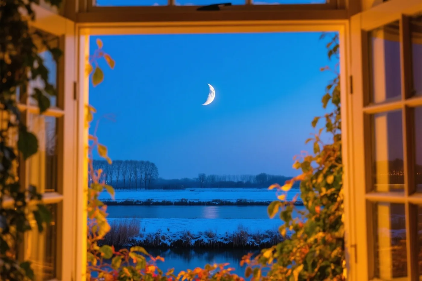 Door een open raam met gele kozijnen is een dunne maansikkel boven een besneeuwde rivieroever te zien onder een heldere blauwe hemel, met wazige herfstbladeren op de voorgrond.