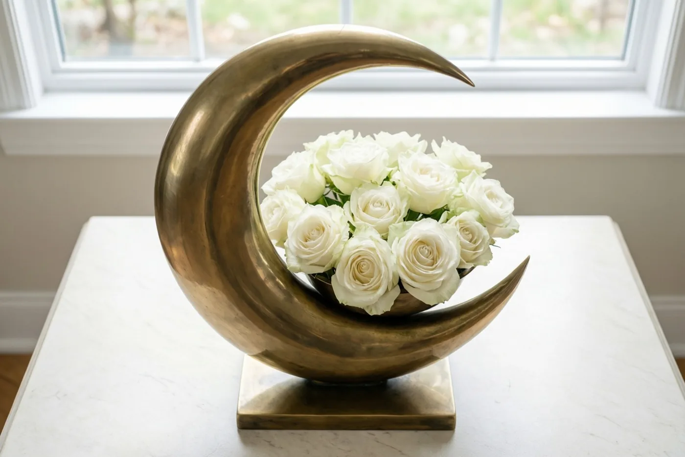 Een messing beeld in de vorm van een maansikkel draagt een schaal witte rozen op een witte marmeren sidetable bij een raam, in zacht daglicht.