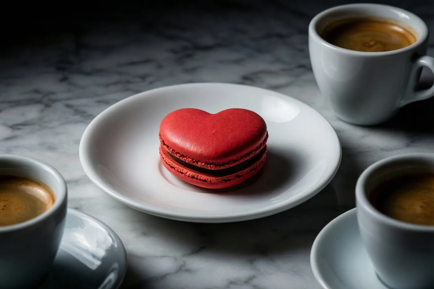 Een rode hartvormige macaron ligt op een wit porseleinen schoteltje op grijs marmer, omringd door drie espressokopjes.