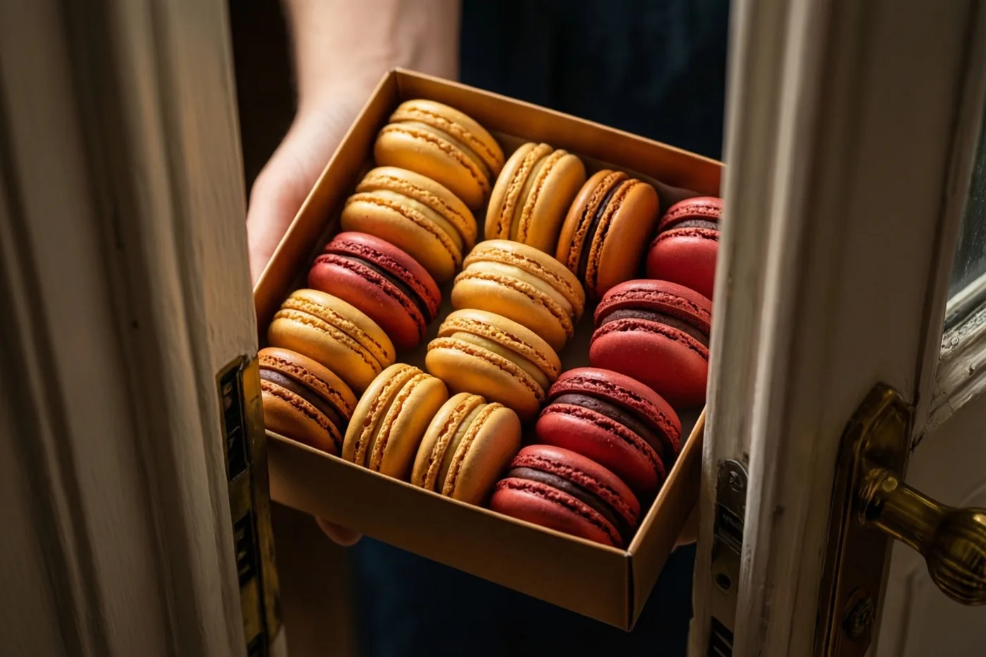 Een hand houdt een doos rode, oranje en gele macarons door een halfopen houten deur met een messing klink in warm licht.