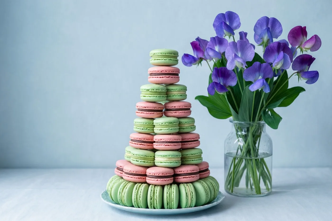 Een piramide van pastelgroene en roze macarons staat op een bord naast een glazen vaas met paarse reukerwten, op een lichtblauw tafelkleed tegen een zachtblauwe achtergrond.