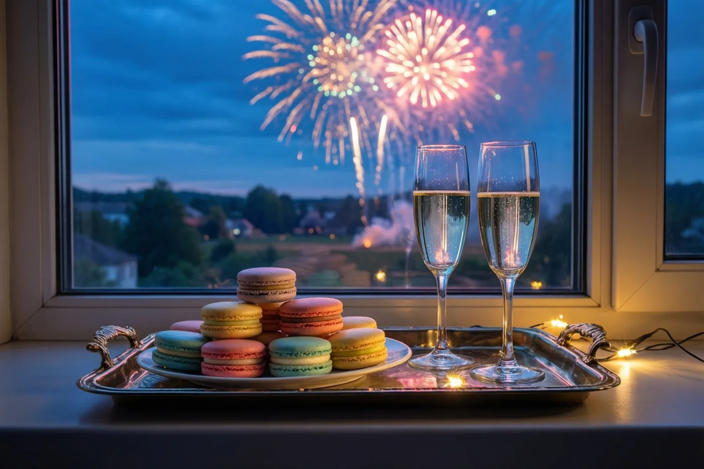 Een zilveren dienblad met pastelkleurige macarons en twee champagneglazen staat op een vensterbank, met warme lichtslingers en vuurwerk aan de schemerhemel buiten.