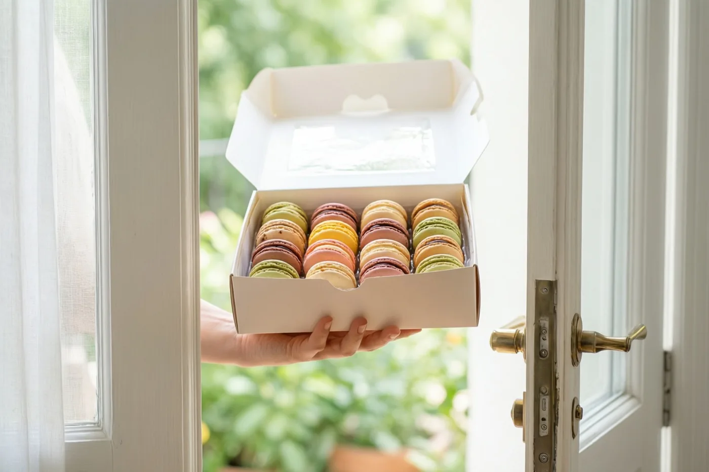 Een hand steekt een doos kleurrijke macarons door een halfopen witte deur, met een heldere, onscherpe groene buitenomgeving op de achtergrond.