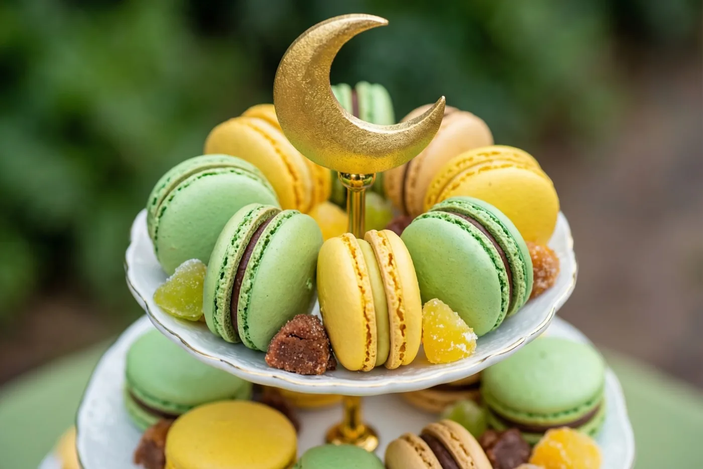 Een etagère met drie verdiepingen draagt pastelgroene en gele macarons en gekonfijt fruit, met bovenaan een gouden maansikkel en onscherp groen op de achtergrond buiten.
