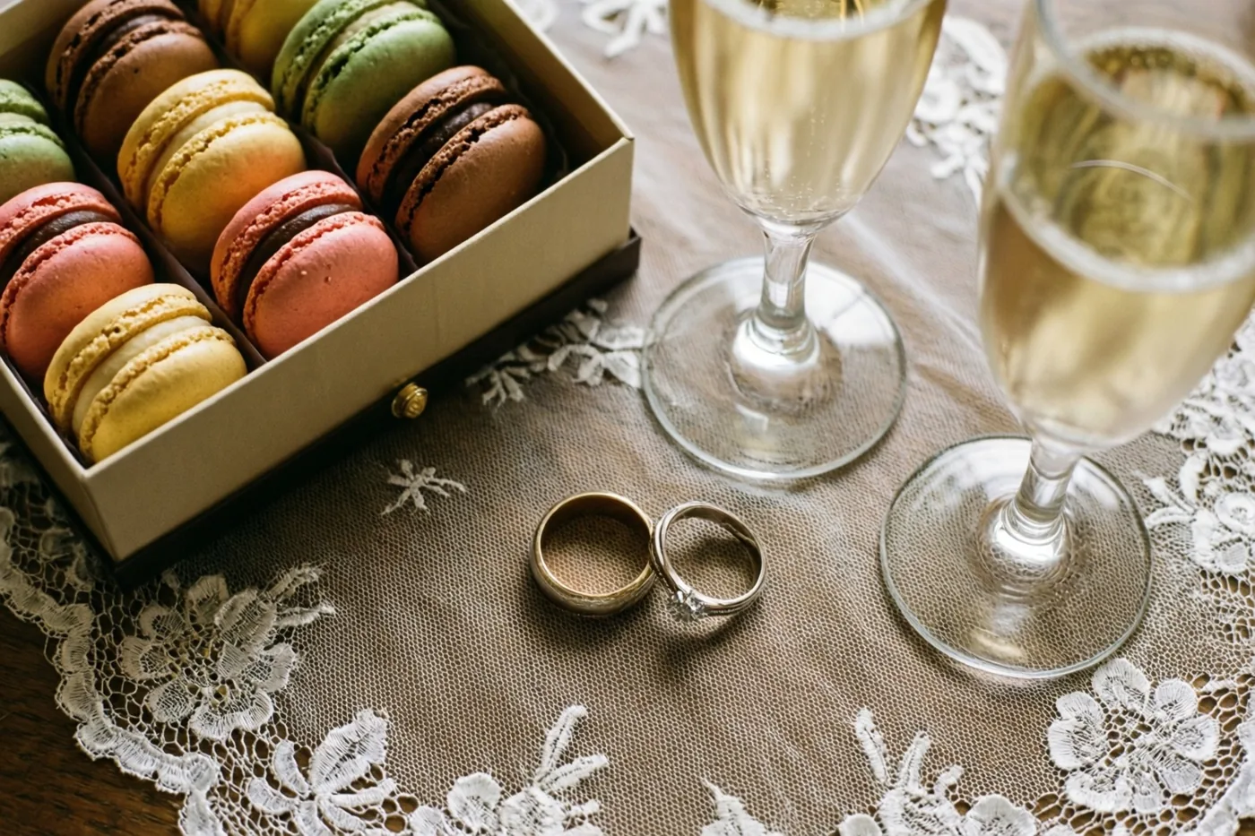 Twee trouwringen liggen op een kanten tafelkleed naast een doos kleurrijke macarons en twee champagneglazen, zacht en warm belicht.