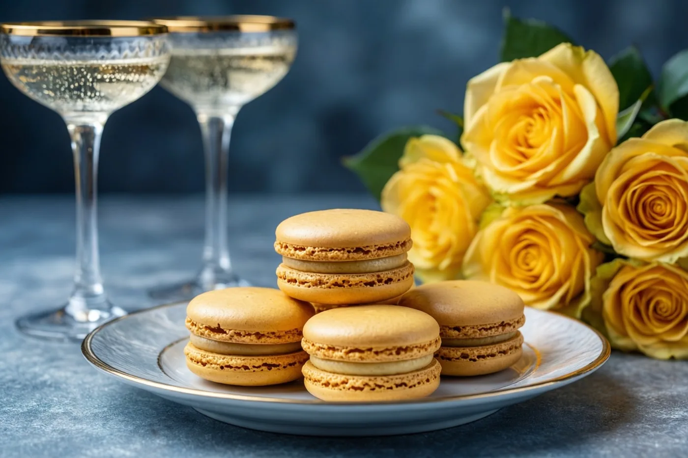 Een bord goudkleurige macarons staat naast twee champagneglazen met gouden rand en een boeket gele rozen op een blauwgrijze ondergrond tegen een donkerblauwe achtergrond.