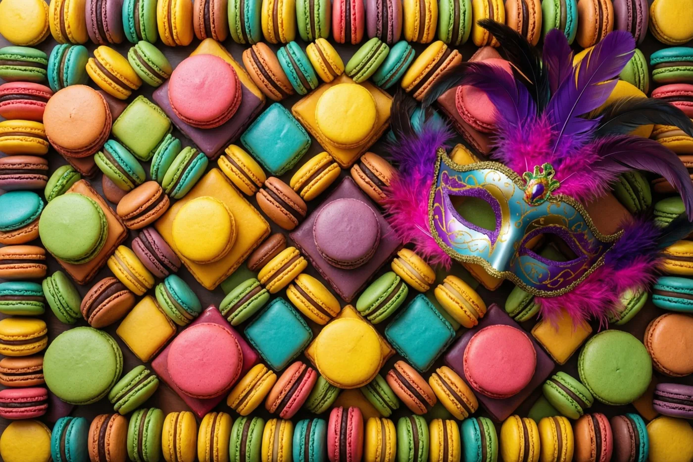 Van bovenaf zijn kleurrijke macarons in een harlekijnruitpatroon te zien, met een carnavalsmasker met veren ertussen.