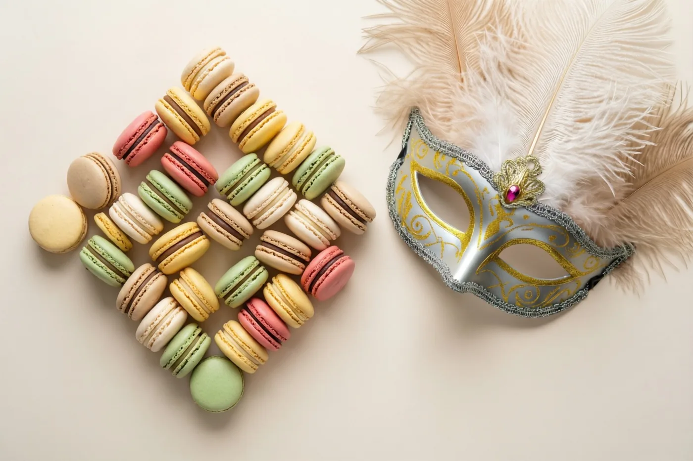 Kleurrijke macarons liggen in een ruitpatroon naast een rijkversierd verenmasker op een effen beige ondergrond.