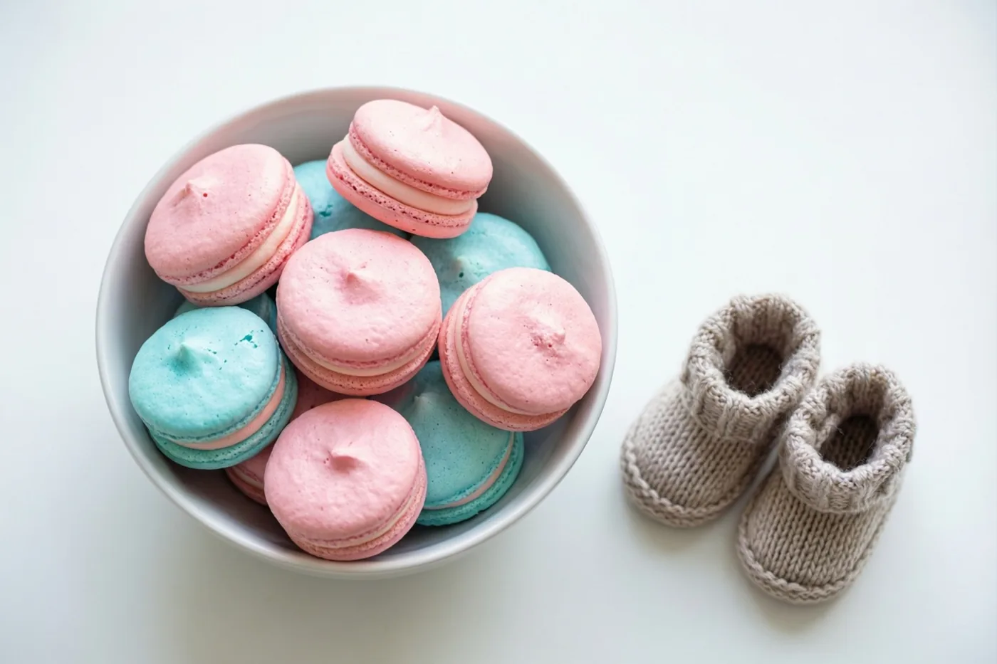 Een witte kom met roze en blauwe macarons staat naast beige gebreide babyslofjes op een effen wit oppervlak.