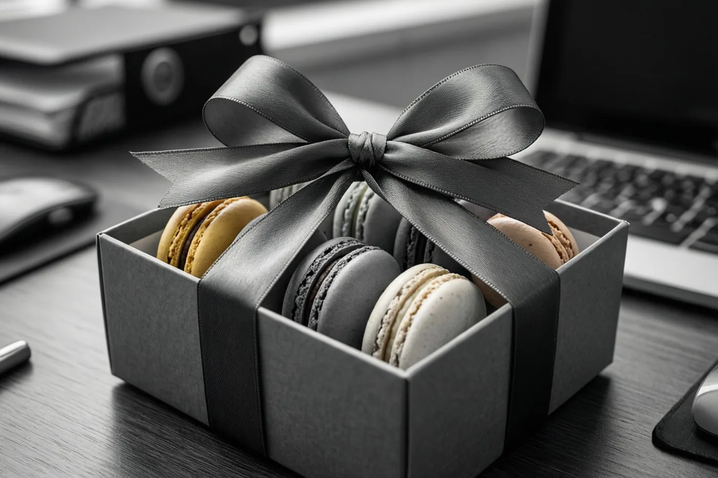 Een doos kleurrijke macarons met een grote grijze strik staat op een donker houten bureau, met een laptop en muis op de achtergrond.