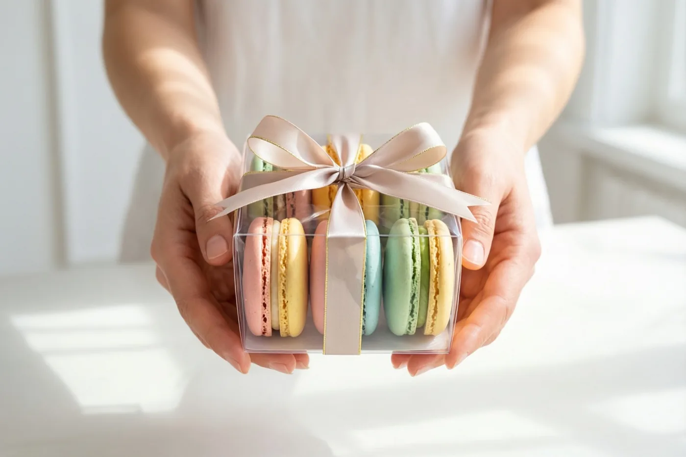 Twee handen reiken een doorzichtig doosje met pastelkleurige macarons en een lichtroze zijden lint aan in een lichte, sobere omgeving met zacht daglicht.