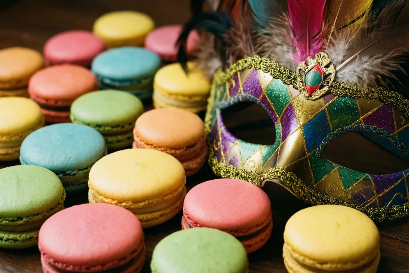 Kleurrijke macarons in pastelkleuren en felle tinten liggen op een houten ondergrond naast een rijkversierd carnavalsmasker met veren.