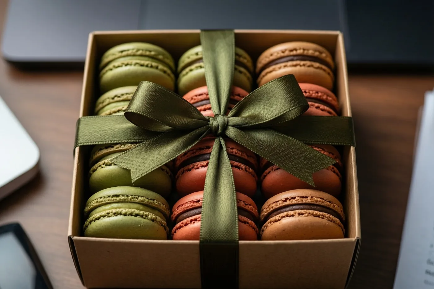 Een doos kleurrijke macarons met een groen lint staat op een houten bureau in warme groene, bruine en oranje tinten.