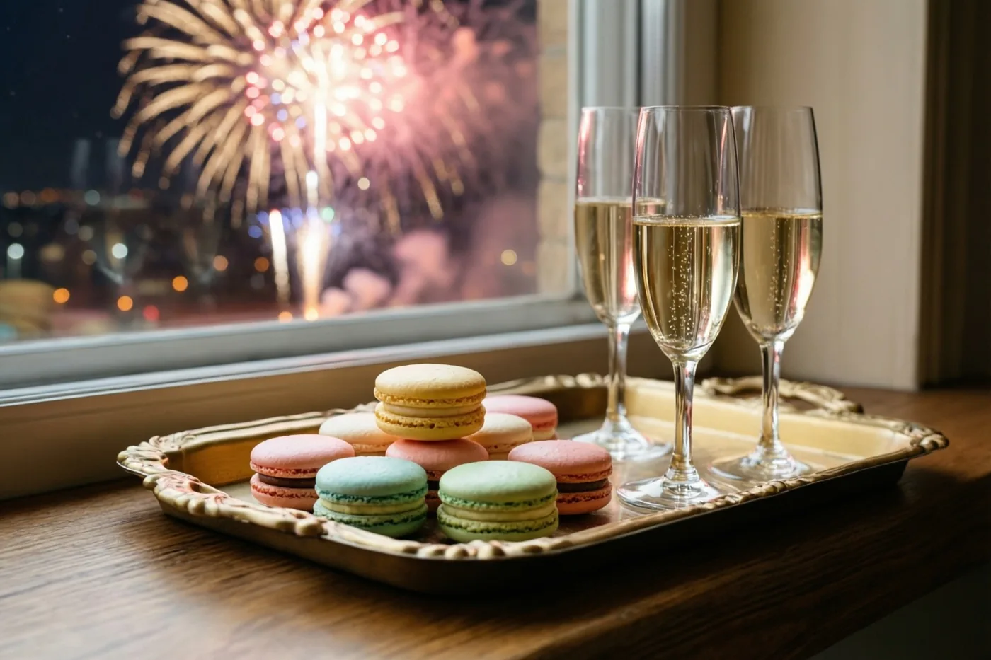 Een gouden dienblad met pastelkleurige macarons en drie champagneglazen staat op een houten vensterbank, met vuurwerk aan de nachtelijke hemel buiten.