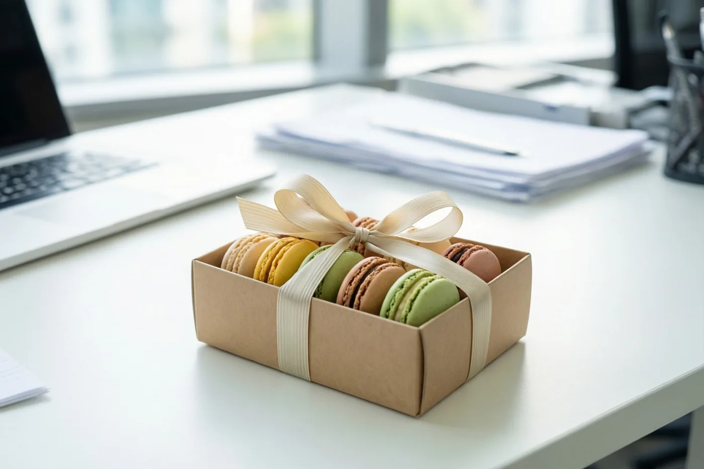 Een rechthoekige kartonnen doos kleurrijke macarons met een roomkleurig lint staat op een wit bureau, met een laptop, papieren en een raam op de achtergrond.