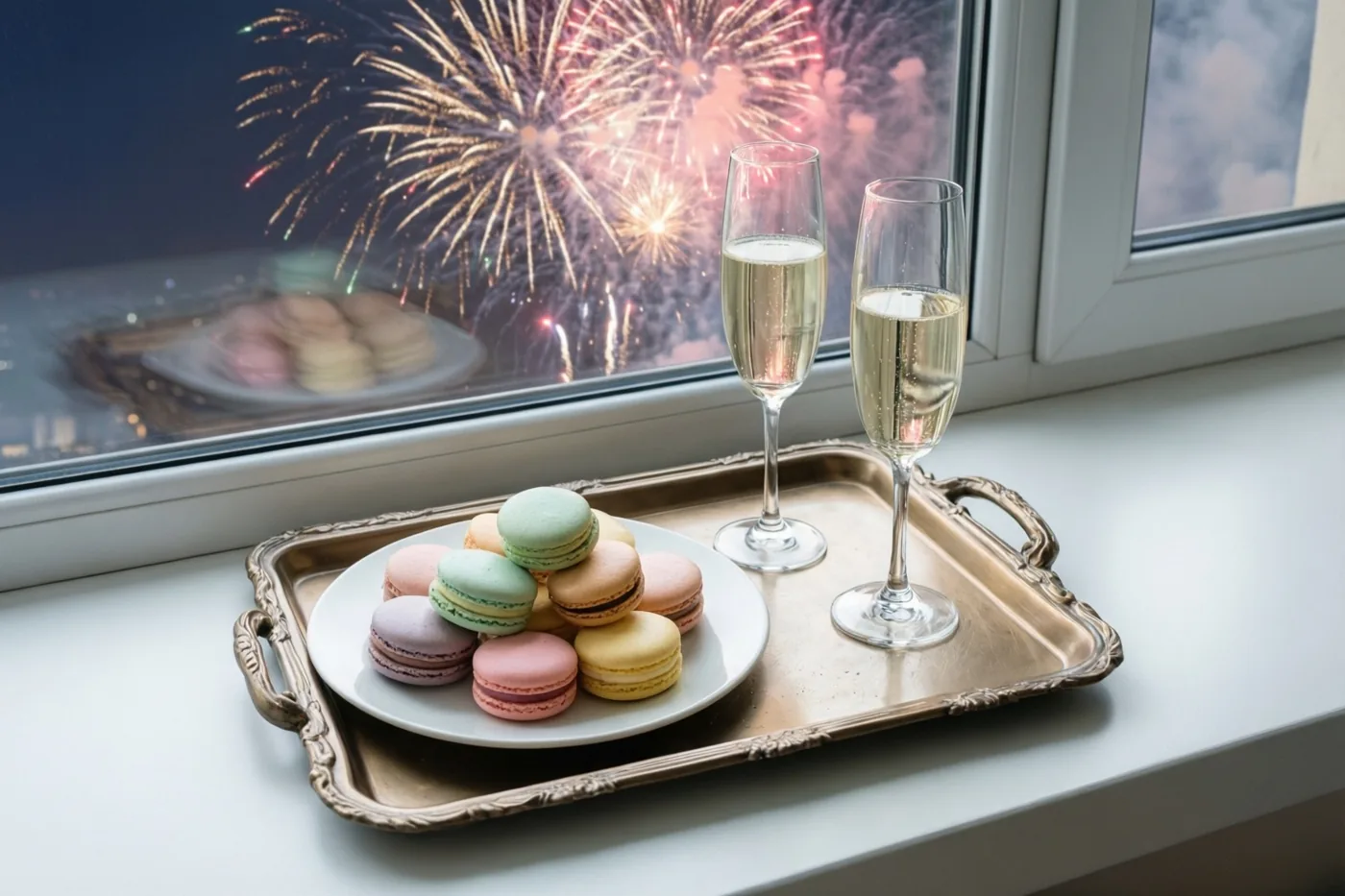 Een zilveren dienblad met pastelkleurige macarons en twee champagneglazen staat op een witte vensterbank, terwijl buiten kleurrijk vuurwerk aan de donkere hemel ontploft.