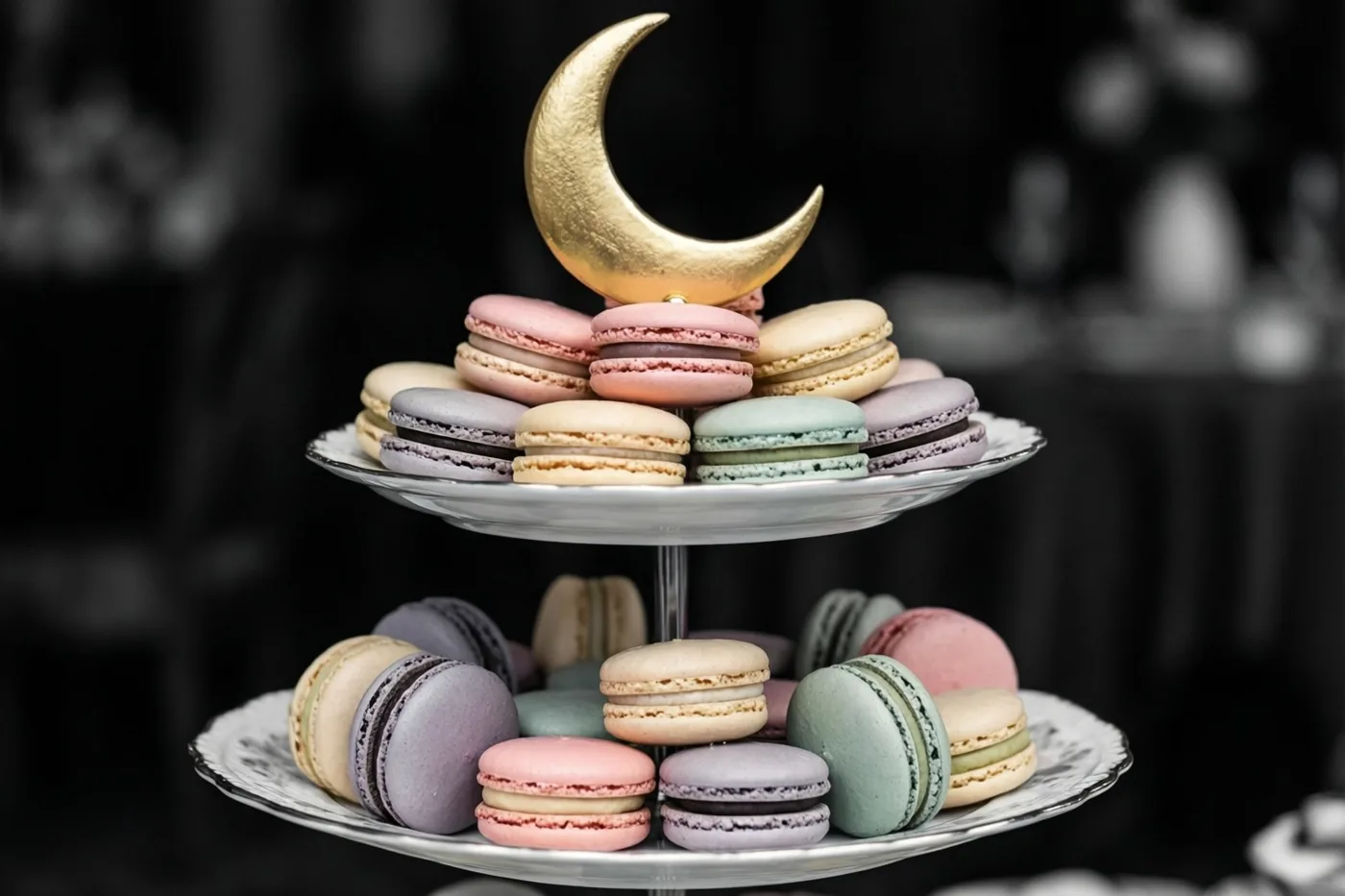 Een zilveren etagère met drie verdiepingen en pastelkleurige macarons heeft bovenaan een gouden maansikkel tegen een donkere onscherpe achtergrond.