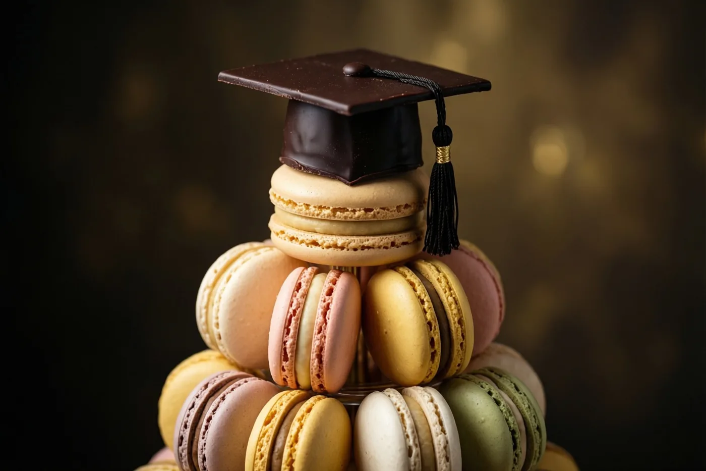 Een torentje kleurrijke pastelmacarons is bekroond met een afstudeerhoedje van pure chocolade tegen een zacht wazige gouden achtergrond.